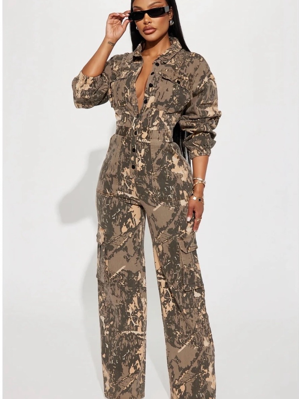 Fashion Nova Taupe Camo Utility Jumpsuit